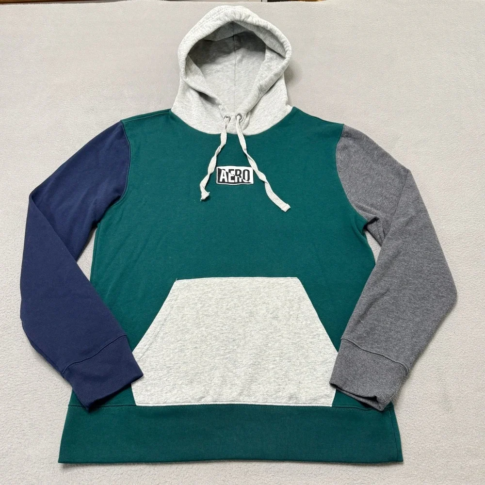 Aeropostale Hoodie Mens Medium Green Colorblock Cotton Fleece Pullover NWT